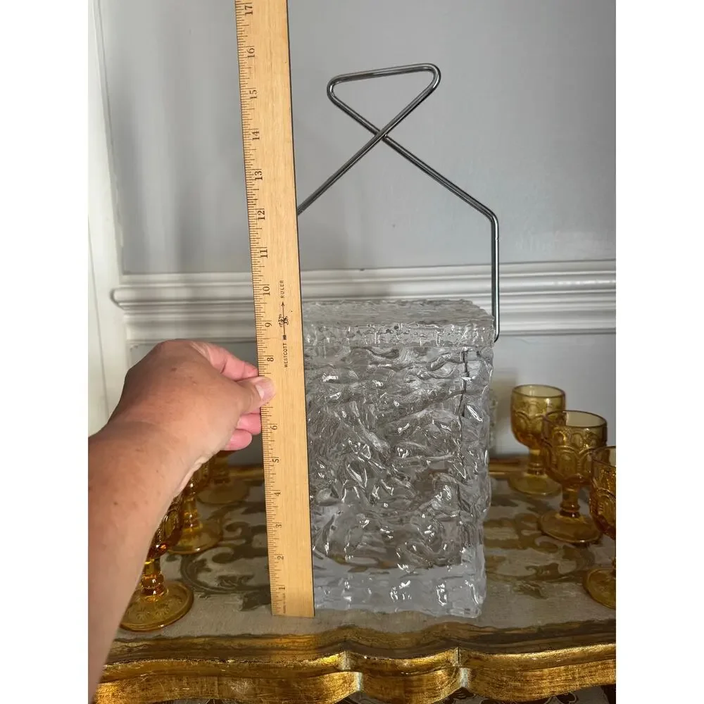 Vintage MCM Lucite Ice Bucket Ice Block Textured Acrylic Chrome Handle Barware